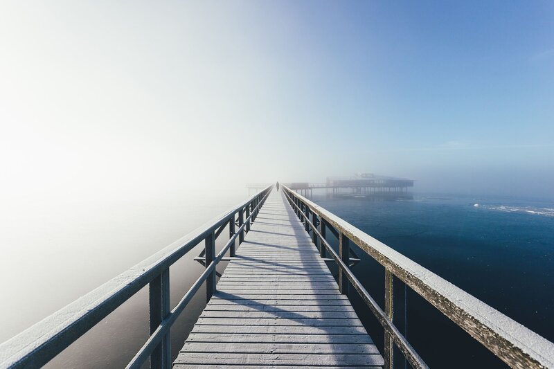 Person on Wooden Pier — Blue, Serene, Morning