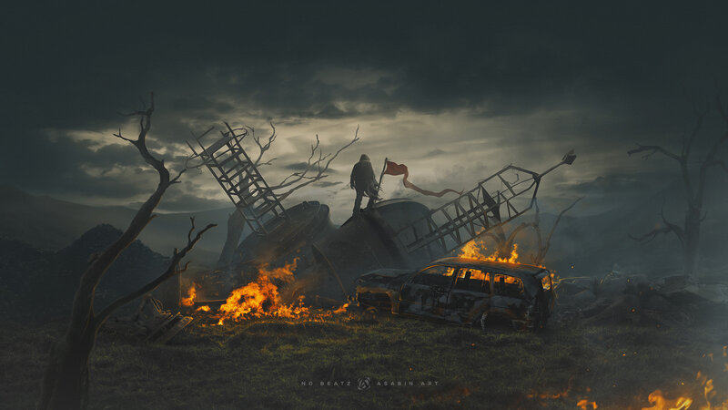 Person on Wreckage — Gray, Dramatic