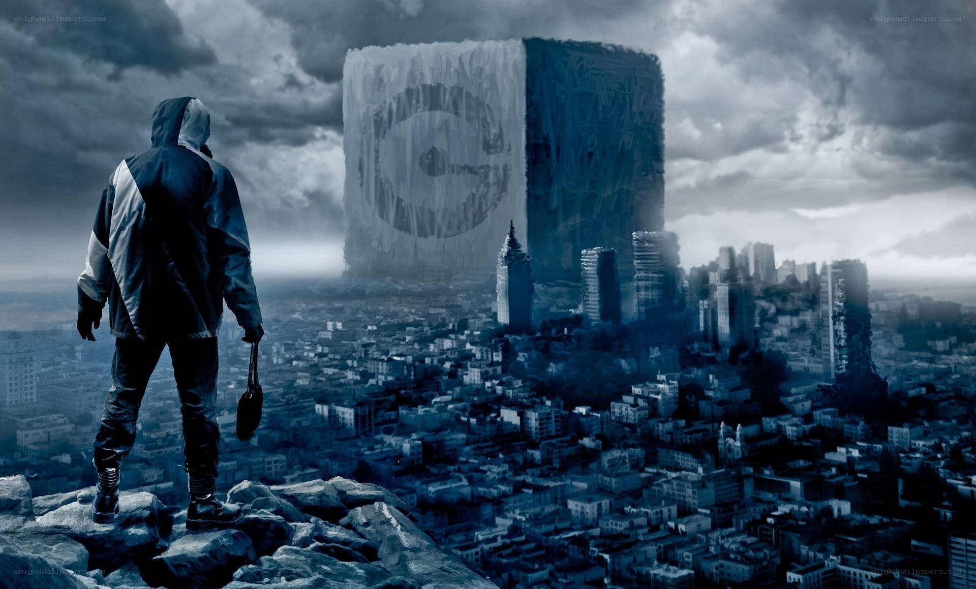 person overlooking a dystopian city
