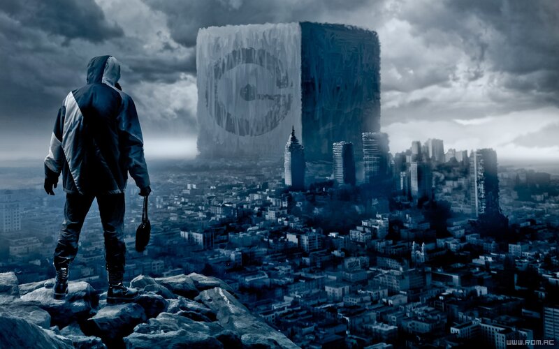 person overlooking a dystopian city