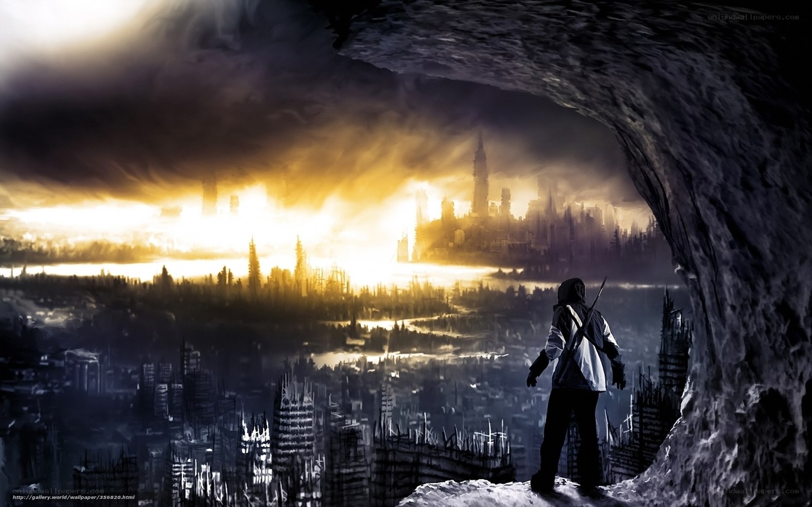 person overlooking a ruined city