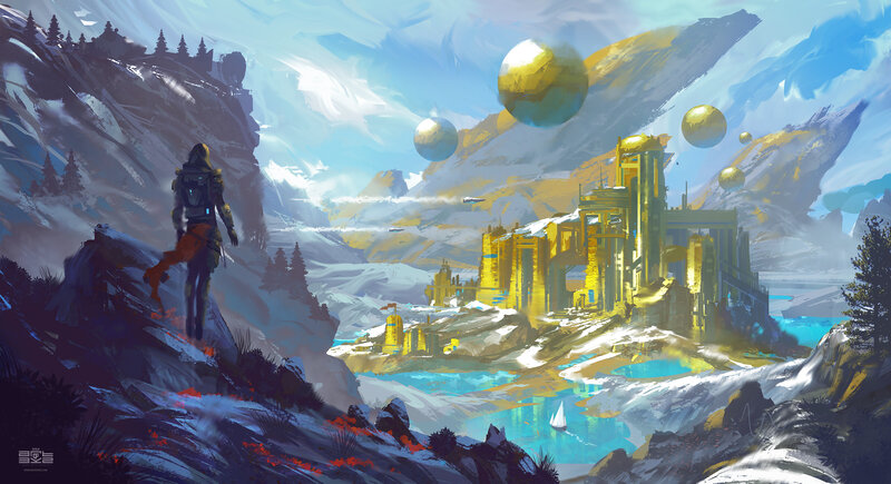 Person Overlooking Alien City