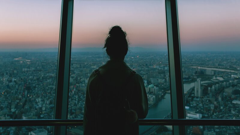 person overlooking city at dusk
