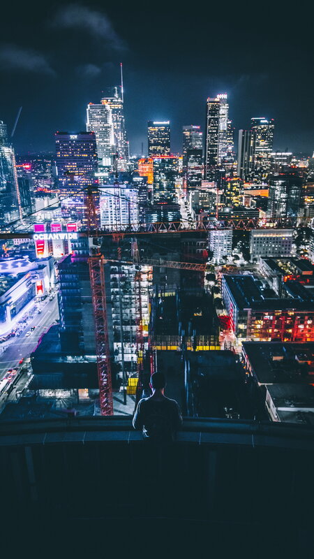 Person Overlooking City — Black, Dramatic, Night