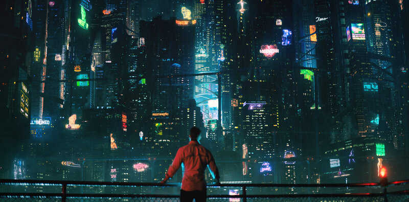 Person Overlooking City — Blue, Dramatic, Night