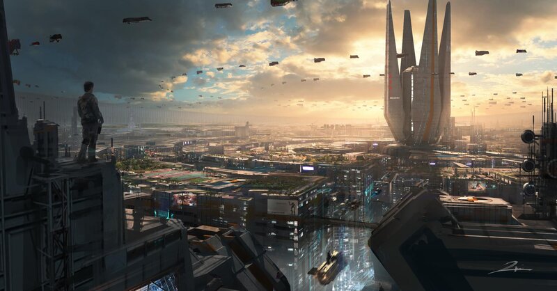 Person Overlooking City — Gray, Dramatic