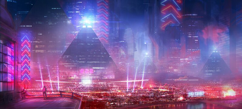 Person Overlooking City — Purple, Dramatic, Night