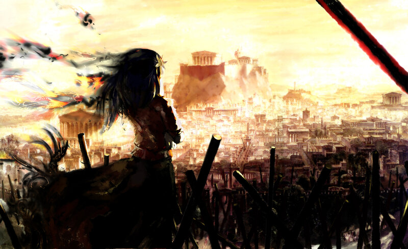 Person Overlooking City — Yellow, Dramatic, Sunset, Digital Art, Cityscape