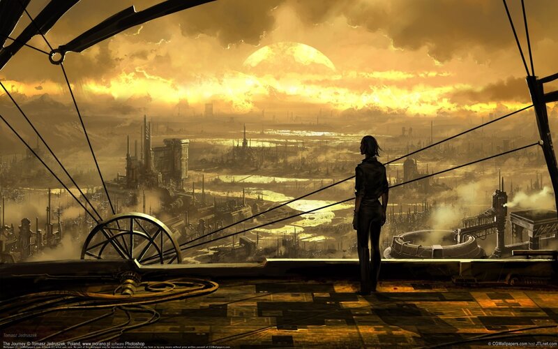 Person Overlooking City — Yellow, Dramatic, Sunset, Digital Art, Cityscape, Wheel, Brown, Black