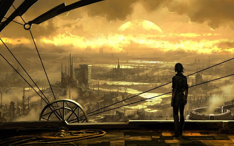 Person Overlooking City — Yellow, Dramatic
