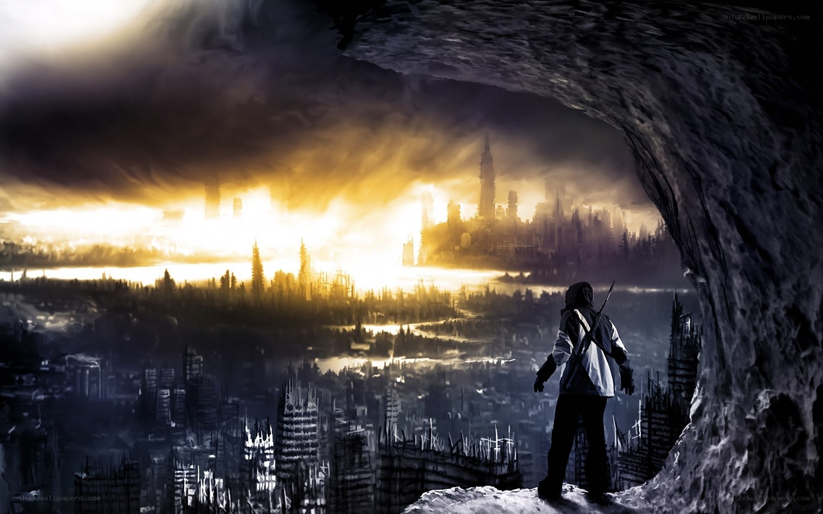 person overlooking ruined city
