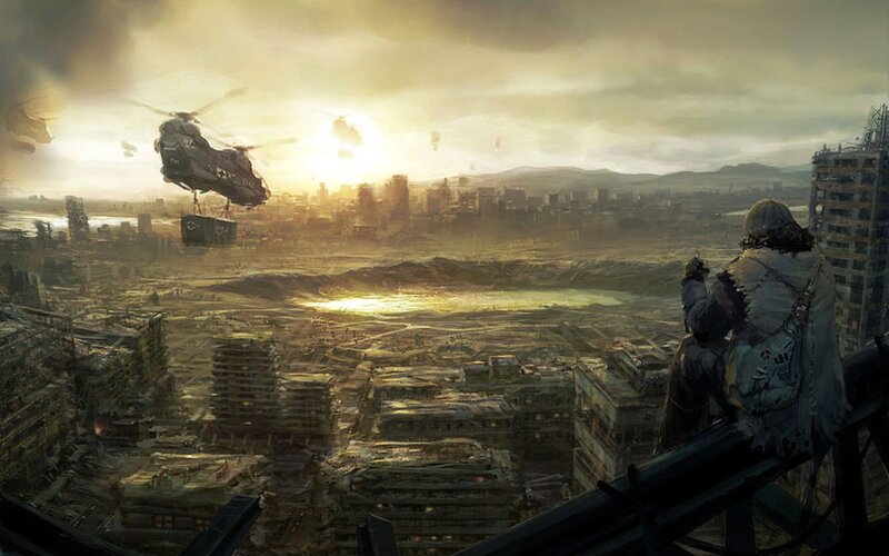 Person Overlooking Ruined City — Brown, Dramatic
