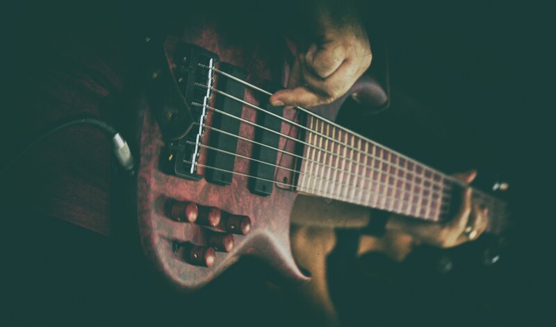 Person Playing Bass Guitar — Black, Dark, Photograph