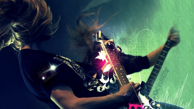Person Playing Electric Guitar — Green, Energetic