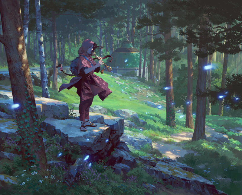 Person Playing Flute in Forest