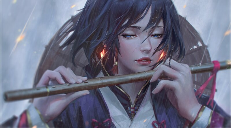 Person Playing Flute — Purple, Dramatic
