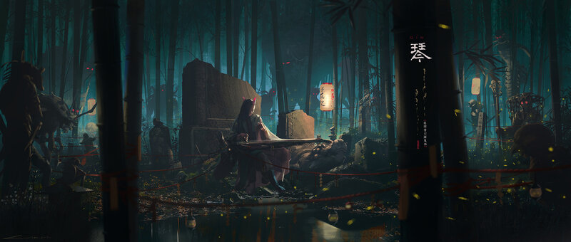 Person Playing Guqin in Forest