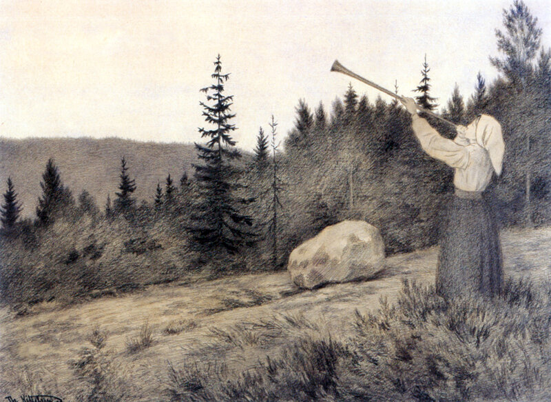 Person Playing Horn in Forest