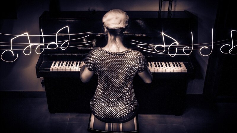 Person Playing Piano — Black, Dramatic, Night, Photograph