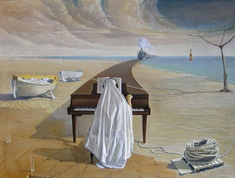 Person Playing Piano on Beach