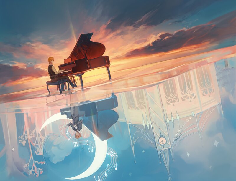 Person Playing Piano — Orange, Serene