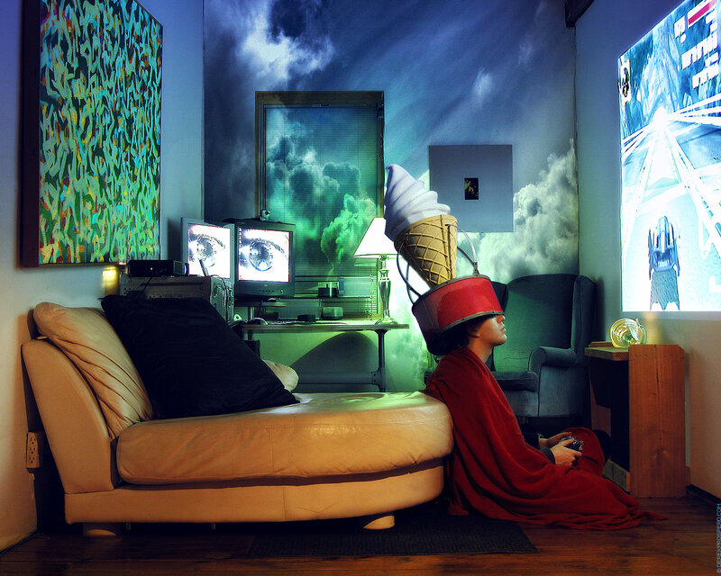 person playing video game in surreal room