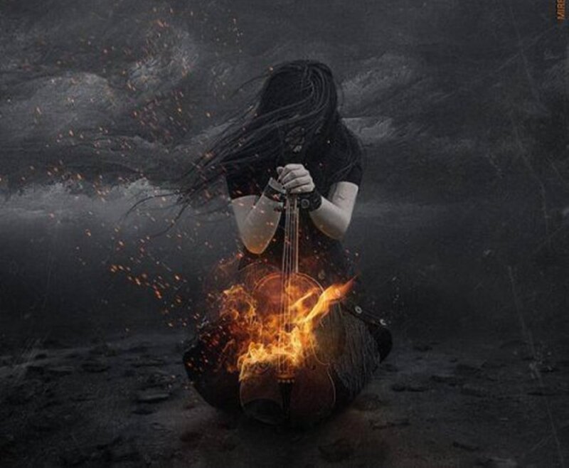 Person Playing Violin — Black, Dramatic, Digital Art, Fire