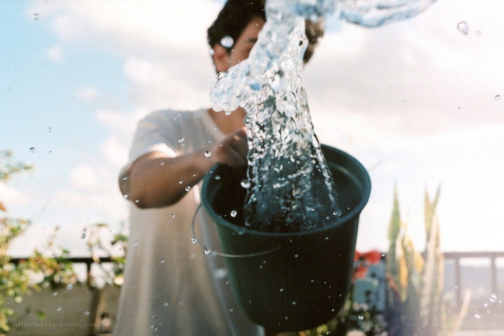 person pouring water from a bucket
