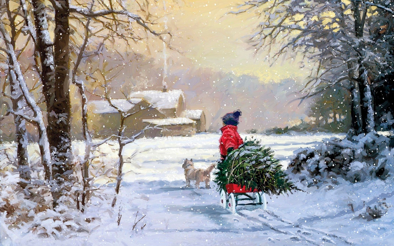 Person pulling Christmas tree in snow