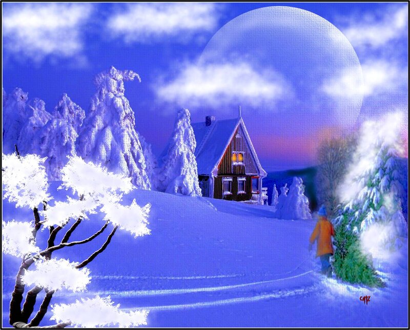 Person Pulling Tree in Snow — Blue, Serene