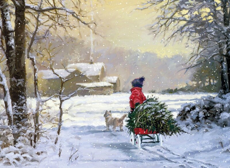 Person Pulling Tree in Snow — White