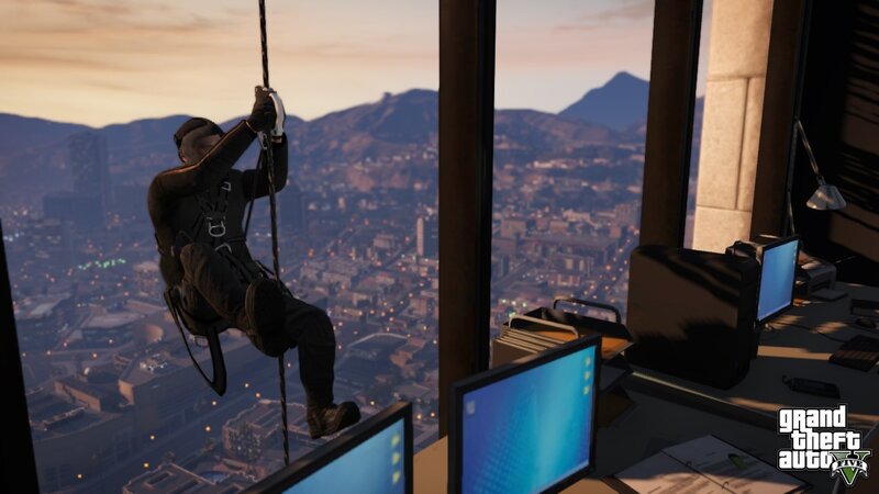 Person Rappelling Down Building — Blue