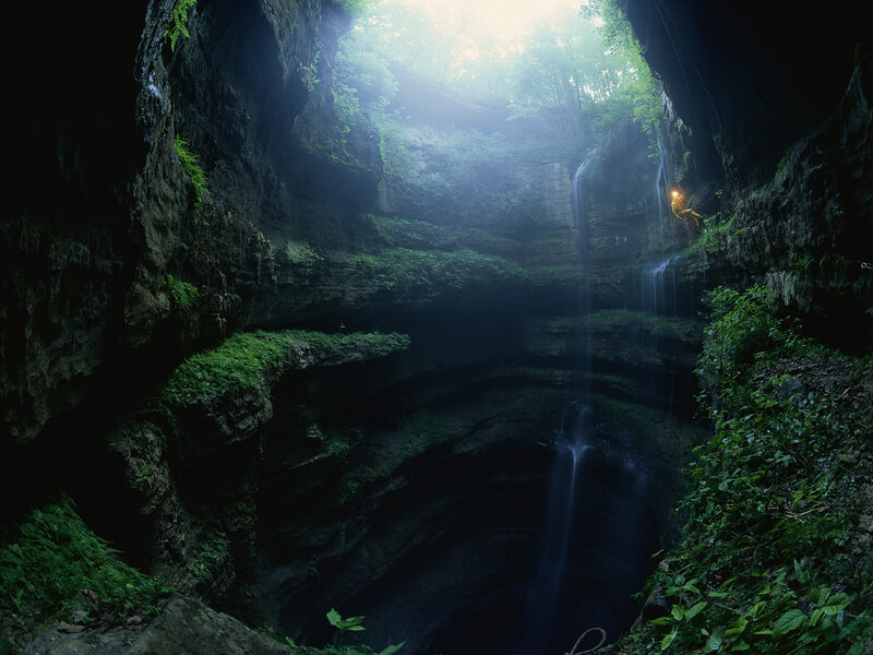 Person Rappelling in Canyon — Green, Dramatic, Morning, Photograph, Waterfall