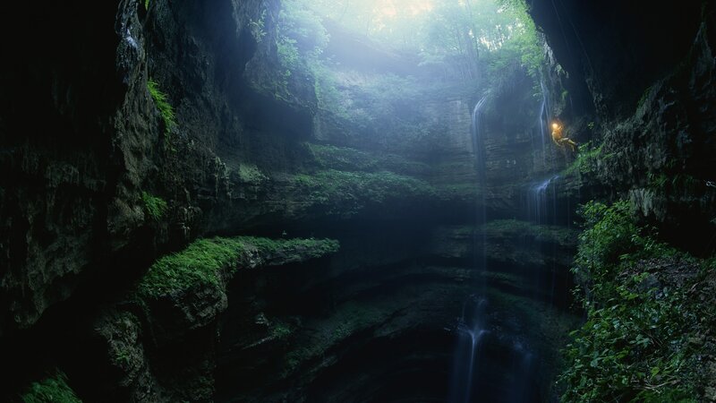 Person Rappelling in Canyon — Green, Dramatic, Morning