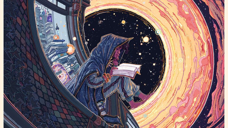 Person Reading Book in Library — Blue