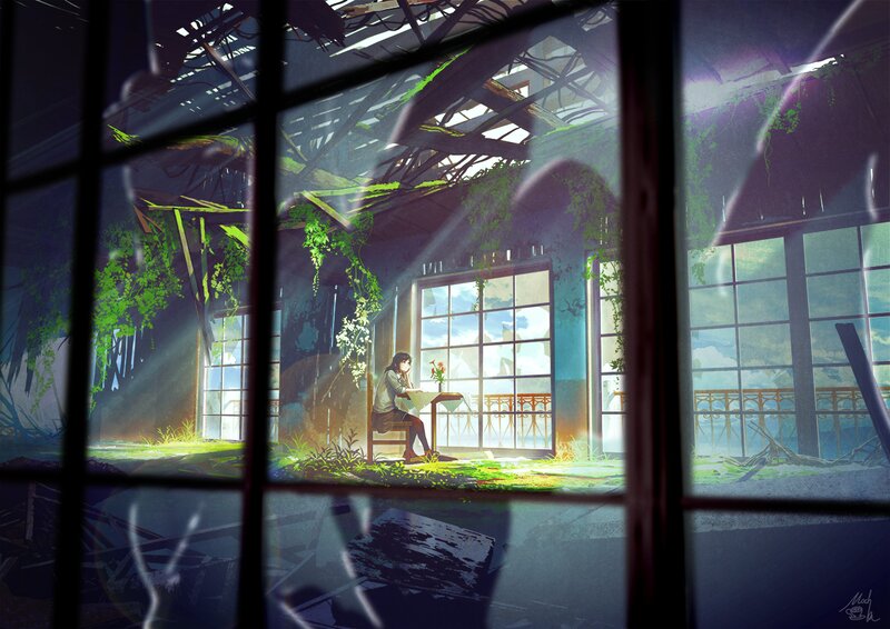 Person Reading in Ruin