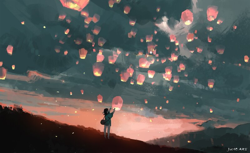Person Releasing Lanterns — Dark Blue