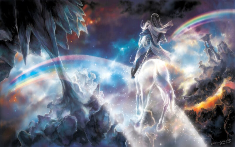 Person Riding a White Horse — Blue