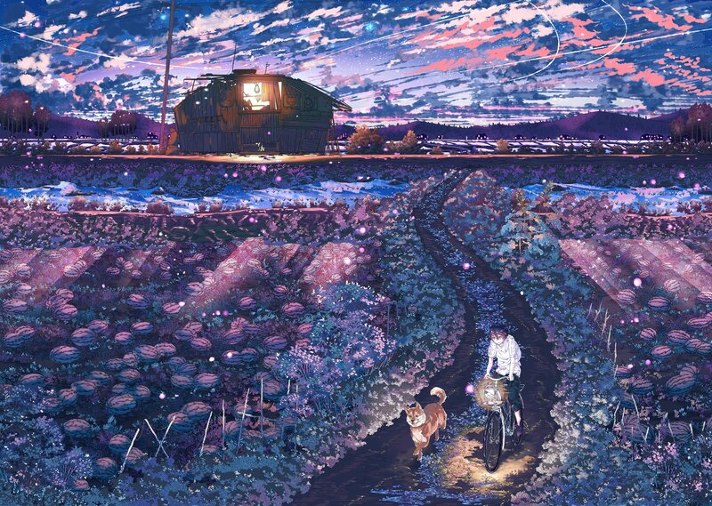 Person Riding Bicycle — Purple, Serene, Night