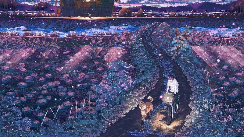 Person Riding Bike with Dog — Purple, Serene
