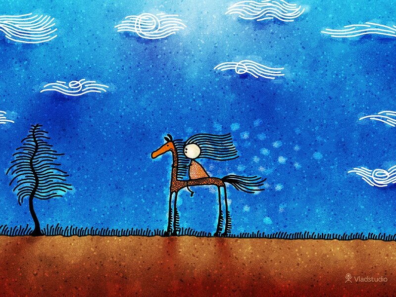 Person Riding Horse — Blue, Serene, Illustration
