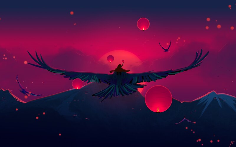 Person Riding Large Bird — Purple