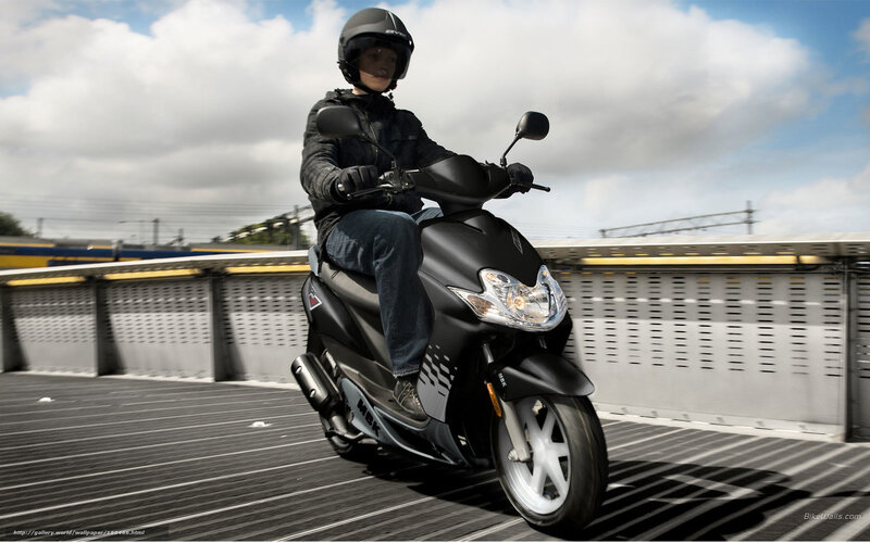 Person Riding Scooter — Black, Dynamic, Afternoon, Photograph, Helmet, Bridge