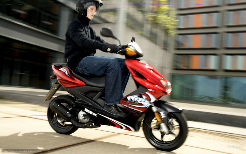 Person Riding Scooter — Red, Dynamic, Afternoon, Photograph