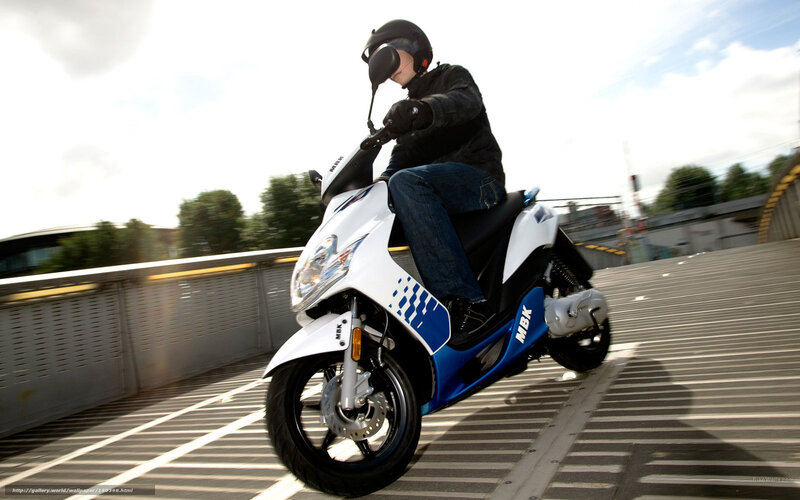 Person Riding Scooter — White, Dynamic, Afternoon, Photograph, Helmet, Bridge, Trees