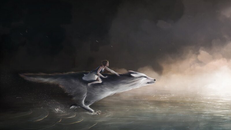 Person Riding Wolf — Gray
