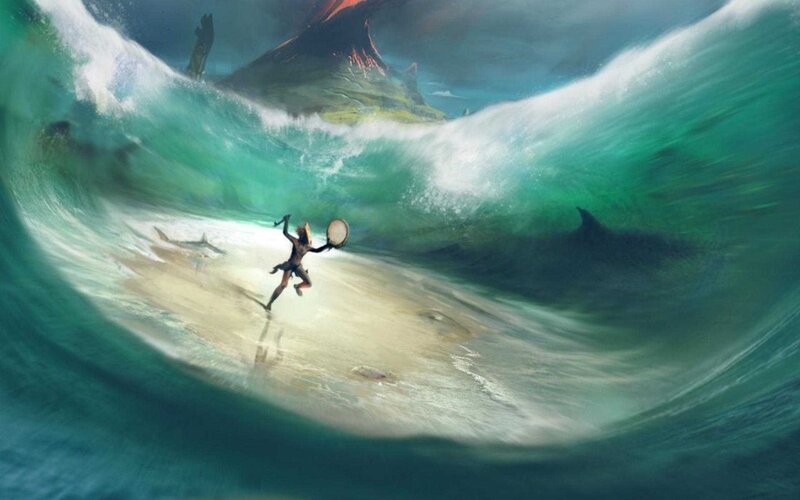 Person Running from Wave — Green, Dramatic, Digital Art