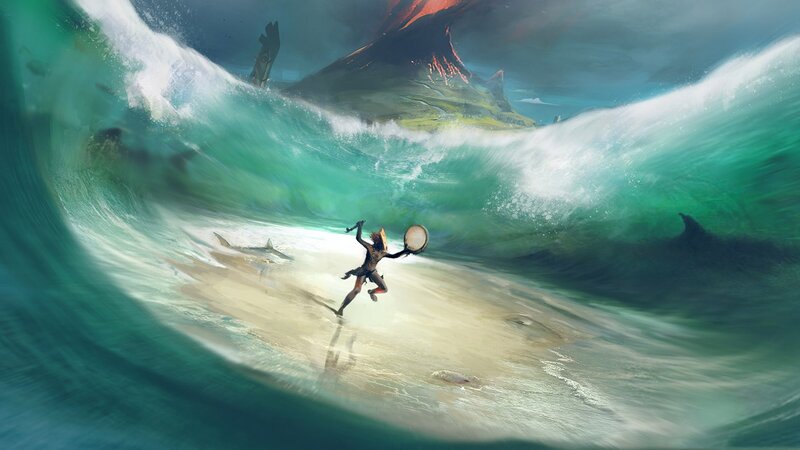 Person Running from Wave — Green, Dramatic