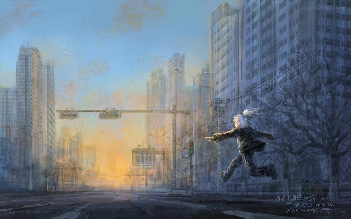 person running in city at sunset