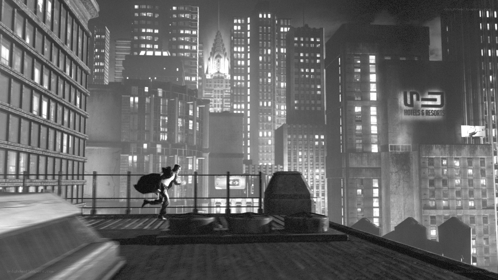 person running on rooftop at night